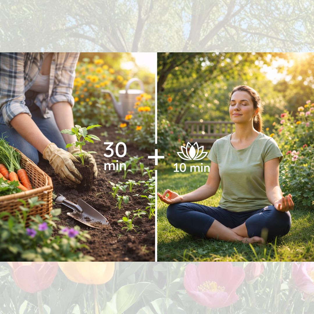 À gauche : Une personne jardine, plantant une jeune pousse à côté d'un panier de carottes. Le texte indique "30 min". À droite : Une femme médite en position du lotus sur l'herbe, les yeux fermés. Le texte indique "10 min" avec un symbole de lotus.