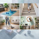 Ce montage présente différentes manières de rester actif au quotidien à travers quatre scènes domestiques : un espace de fitness prêt à l'emploi avec tapis et haltères, une personne montant des escaliers, une autre effectuant des tâches ménagères avec un aspirateur, et enfin une séance d'étirements au bureau. L'ensemble, encadré par des motifs abstraits et du mobilier minimaliste, illustre l'intégration de l'exercice physique dans la routine de la maison pour favoriser le bien-être.