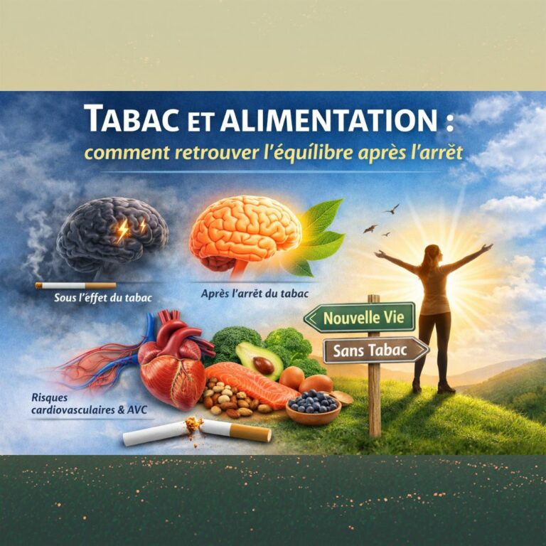 L'image compare visuellement un cerveau sous l'effet de la cigarette (sombre et stressé) à un cerveau sain et lumineux après le sevrage, tout en soulignant la réduction des risques cardiovasculaires et d'AVC. On y voit une sélection d'aliments sains (saumon, avocat, noix, brocoli) et une silhouette épanouie devant des panneaux « Nouvelle Vie » et « Sans Tabac », symbolisant la vitalité et le bien-être retrouvés grâce à une nutrition équilibrée et l'arrêt du tabagisme.