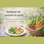 Une image d’ambiance printanière montrant une assiette de légumes frais (asperges, carottes, petits pois, radis) sur une table en bois. Le texte annonce les menus du 20 au 26 avril 2026 avec le slogan « le printemps dans votre assiette »