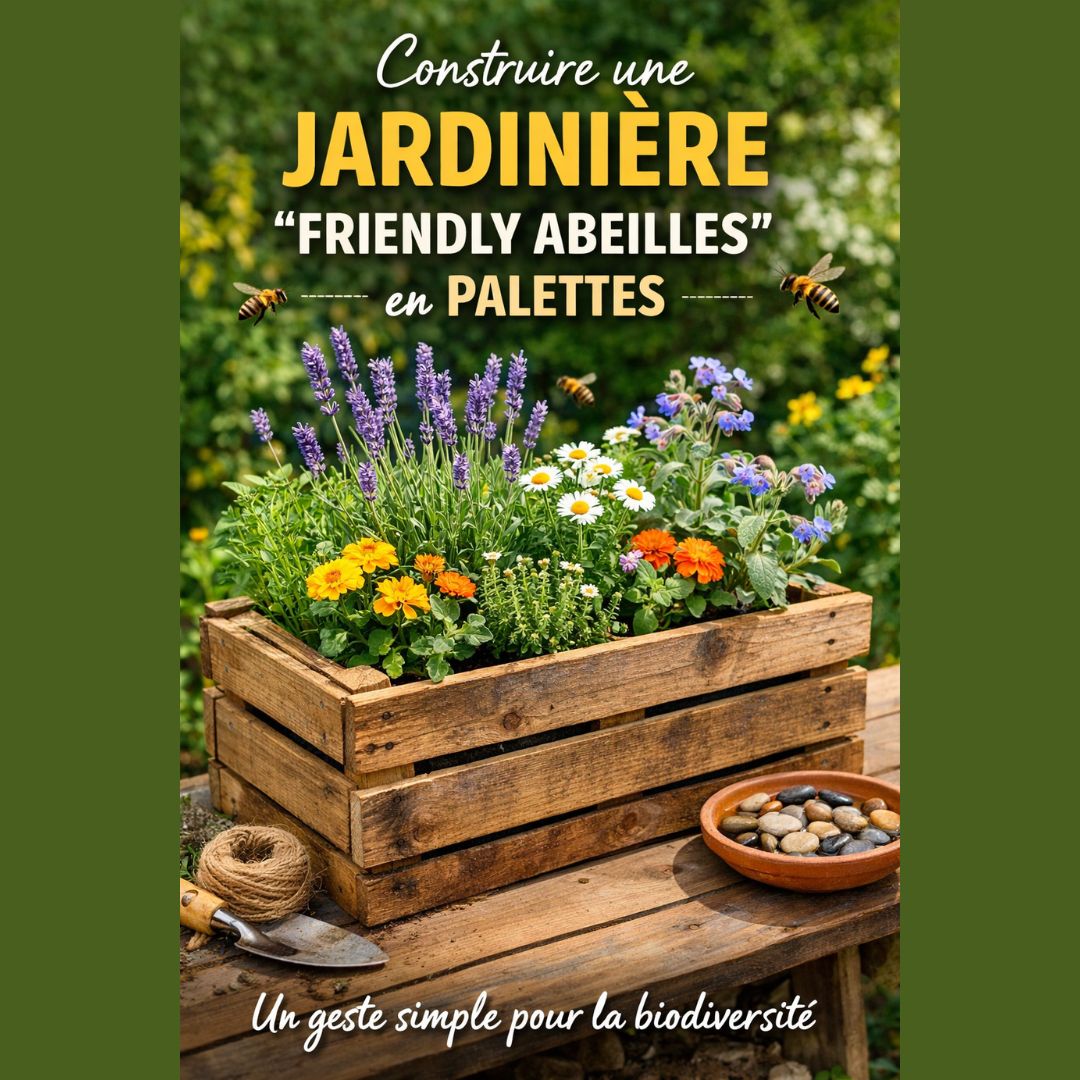 composition attrayante et instructive axée sur le jardinage écologique. Au centre, une jardinière rustique, fabriquée à partir de planches de bois recyclé provenant de palettes, est posée sur une table en bois vieilli. Elle est généreusement garnie d'une variété de fleurs colorées, notamment de la lavande violette, des marguerites blanches et des fleurs aux tons orange vif, qui attirent quelques abeilles en plein vol, illustrant parfaitement le concept de "Friendly Abeilles" (amies des abeilles). À côté de la jardinière, sur la table, on trouve une petite pelle de jardinage, une pelote de ficelle en jute et un bol en terre cuite rempli de galets, suggérant un espace d'abreuvement pour les insectes. Le titre, écrit en lettres capitales jaunes et blanches, indique clairement le sujet : "Construire une JARDINIÈRE 'FRIENDLY ABEILLES' en PALETTES", le tout surmonté d'une phrase d'accroche soulignant que c'est "Un geste simple pour la biodiversité". L'ensemble est baigné dans une ambiance naturelle et lumineuse, avec un arrière-plan végétal flou qui renforce l'aspect authentique et écologique du projet.