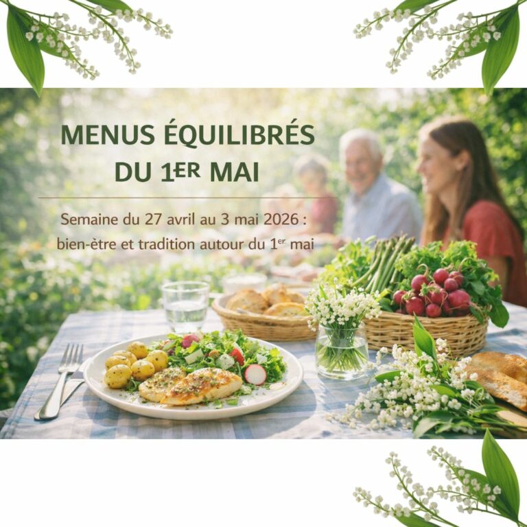 Une image illustrative de type Instagram célébrant le 1er mai. On y voit une table dressée en extérieur avec un repas sain (salade, pommes de terre, poulet), des légumes frais (radis, asperges) et des brins de muguet. Le texte met en avant des « menus équilibrés » sous le signe de la tradition et du bien-être.