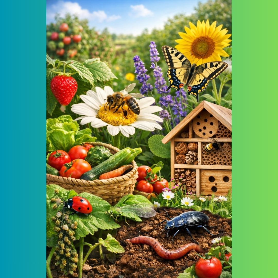 Cette illustration colorée présente un écosystème de jardin foisonnant de vie et de biodiversité. Au centre, une abeille butine une marguerite blanche à proximité d'un panier de légumes frais (tomates, courgettes, carottes), tandis qu'un grand papillon machaon survole un tournesol et un hôtel à insectes en bois. Le premier plan met en lumière la vie du sol avec un ver de terre et un scarabée noir, complétés par une coccinelle posée sur une feuille. L'ensemble, encadré par des bandes latérales turquoise et vert lime, offre une vision idéale et vibrante de la nature au potager.