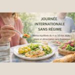 Ce visuel sert d'accroche visuelle et émotionnelle. L'image de fond montre un déjeuner en extérieur, baigné de lumière naturelle, mettant en scène deux personnes (floues à l'arrière-plan) pour souligner la convivialité. Au premier plan, une assiette appétissante et colorée présente un morceau de volaille grillée, des pommes de terre grenailles et une salade printanière (petits pois, radis, herbes). Une main tient une fourchette avec une bouchée, symbolisant l'acte de manger avec plaisir. Le texte, centré à droite, annonce l'événement : "JOURNÉE INTERNATIONALE SANS RÉGIME" avec le slogan "plaisir et alimentation sans frustration" pour la semaine du 4 au 10 mai 2026.