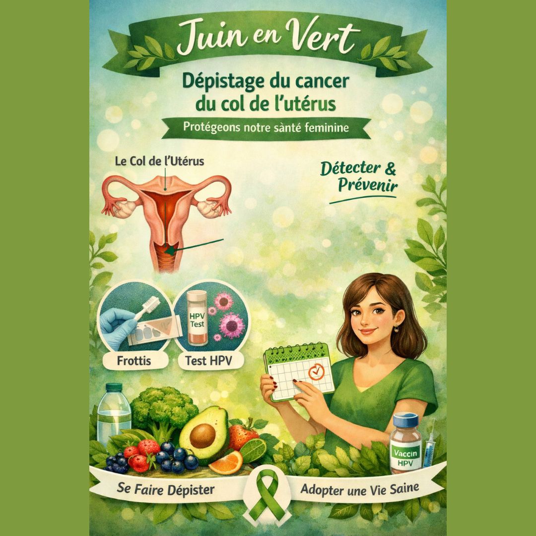 Cette affiche illustrative, intitulée « Juin en Vert », est une campagne de sensibilisation au dépistage du cancer du col de l'utérus. Elle présente de manière pédagogique les outils de prévention essentiels, tels que le frottis, le test HPV et la vaccination, tout en mettant en scène une femme organisant son suivi médical sur un calendrier. L'image souligne également l'importance d'une hygiène de vie saine à travers des illustrations de produits frais (brocolis, avocat, baies) et d'eau. Dominée par des tons verts symbolisant la santé, cette composition visuelle encourage une approche proactive et bienveillante de la santé féminine sous le slogan « Détecter & Prévenir ».