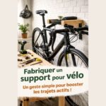 Vélo de route noir élégamment suspendu à un support mural en bois artisanal, fixé sur un mur en briques blanches. Le décor évoque un atelier de bricolage chaleureux avec un établi au premier plan garni d'outils (perceuse, marteau, pinces), suggérant un projet fait maison. Un texte en français en bas de l'image invite à « Fabriquer un support pour vélo », présentant ce projet DIY comme un geste simple pour encourager les trajets actifs.