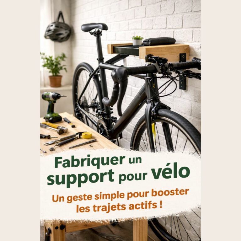 Vélo de route noir élégamment suspendu à un support mural en bois artisanal, fixé sur un mur en briques blanches. Le décor évoque un atelier de bricolage chaleureux avec un établi au premier plan garni d'outils (perceuse, marteau, pinces), suggérant un projet fait maison. Un texte en français en bas de l'image invite à « Fabriquer un support pour vélo », présentant ce projet DIY comme un geste simple pour encourager les trajets actifs.