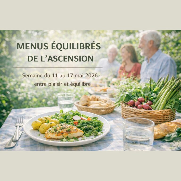 Cette image sert de couverture visuelle pour la semaine du 11 au 17 mai 2026, placée sous le signe de l'Ascension. On y voit une table printanière ensoleillée dressée en extérieur avec des produits frais (asperges, radis, salade) et une assiette équilibrée au premier plan. À l'arrière-plan, des convives profitent d'un repas convivial dans un jardin verdoyant, illustrant le slogan « entre plaisir et équilibre ».