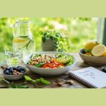 Cette image lumineuse capture un instantané de pure sérénité, mettant en scène un repas équilibré sur une table en bois rustique. Au centre, un bol gourmand de quinoa, avocat, pois chiches et légumes croquants côtoie une carafe d'eau rafraîchissante infusée au concombre et un petit ramequin de myrtilles et d'amandes. L'ambiance apaisante, baignée dans la lumière douce d'un arrière-plan verdoyant, est joliment soulignée par un carnet ouvert où est inscrite la promesse : « Prendre soin de moi ♡ ». C'est une composition qui invite autant à la vitalité qu'à la pleine conscience.
