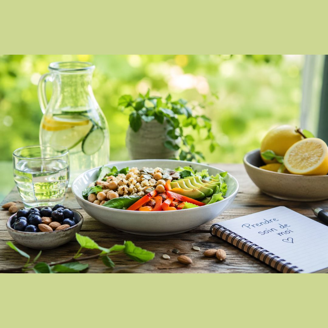 Cette image lumineuse capture un instantané de pure sérénité, mettant en scène un repas équilibré sur une table en bois rustique. Au centre, un bol gourmand de quinoa, avocat, pois chiches et légumes croquants côtoie une carafe d'eau rafraîchissante infusée au concombre et un petit ramequin de myrtilles et d'amandes. L'ambiance apaisante, baignée dans la lumière douce d'un arrière-plan verdoyant, est joliment soulignée par un carnet ouvert où est inscrite la promesse : « Prendre soin de moi ♡ ». C'est une composition qui invite autant à la vitalité qu'à la pleine conscience.