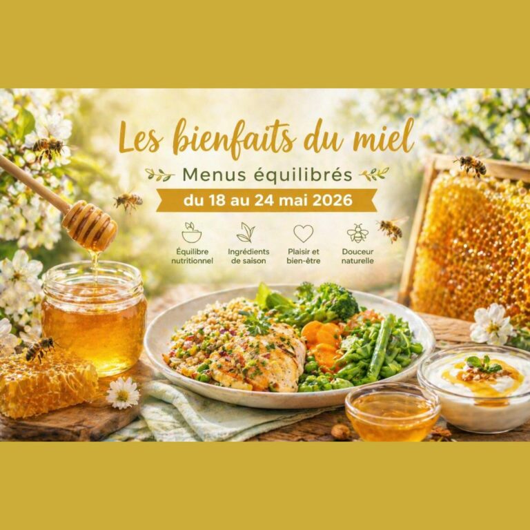 affiche promotionnelle chaleureuse intitulée « Les bienfaits du miel », mettant en avant des menus équilibrés pour la semaine du 18 au 24 mai 2026. L'illustration, très printanière, montre une assiette santé (poulet, légumes, céréales) entourée d'abeilles, de fleurs et d'un pot de miel, soulignant des valeurs de plaisir et de naturalité.