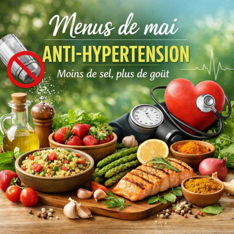 composition visuelle dynamique dédiée aux menus anti-hypertension du mois de mai, illustrée par le slogan « Moins de sel, plus de goût ». Au premier plan, une table en bois regorge d'aliments sains et colorés, notamment du saumon grillé, des asperges vertes, des céréales aux légumes, ainsi que des fruits frais comme des fraises. Pour souligner l'aspect médical et préventif, un tensiomètre et un cœur rouge sont placés à côté des plats, tandis qu'une salière barrée d'un signe d'interdiction rappelle l'importance de réduire le sodium. L'ensemble est complété par une variété d'épices et d'aromates, suggérant que la saveur provient des ingrédients naturels plutôt que du sel, le tout dans un cadre printanier et lumineux.