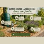 infographie didactique présentant cinq conseils essentiels pour lutter contre la sécheresse dans son jardin. Elle préconise de récupérer l'eau de pluie, de pailler le sol pour limiter l'évaporation, d'arroser intelligemment (en profondeur le matin ou le soir), de choisir des plantes résistantes à la chaleur et de favoriser la biodiversité pour un jardin plus résilient. Visuellement, ces recommandations sont illustrées par une photographie de jardin ensoleillé mettant en scène un récupérateur d'eau vert, un arrosoir et des plants de lavande sur un sol soigneusement paillé.