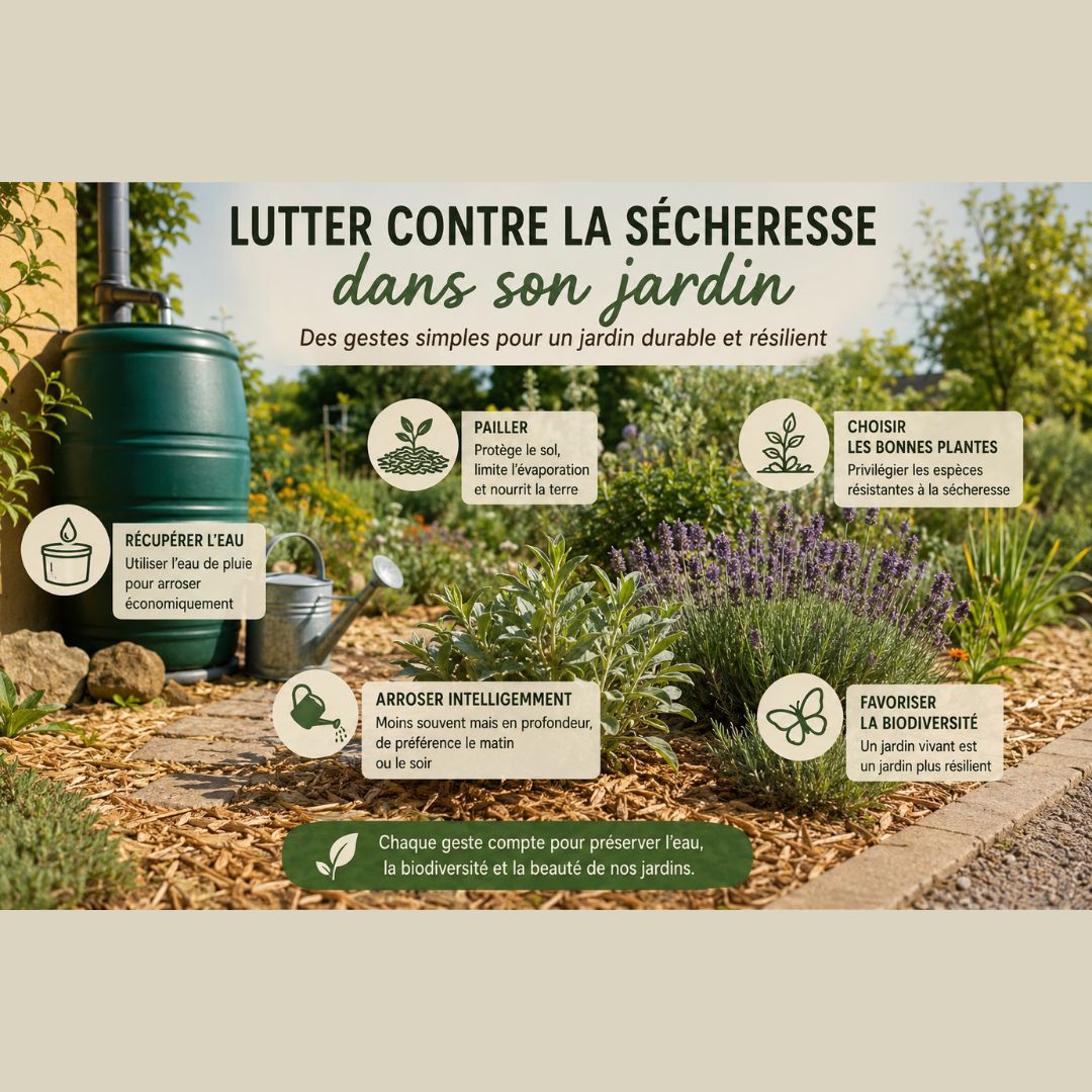 infographie didactique présentant cinq conseils essentiels pour lutter contre la sécheresse dans son jardin. Elle préconise de récupérer l'eau de pluie, de pailler le sol pour limiter l'évaporation, d'arroser intelligemment (en profondeur le matin ou le soir), de choisir des plantes résistantes à la chaleur et de favoriser la biodiversité pour un jardin plus résilient. Visuellement, ces recommandations sont illustrées par une photographie de jardin ensoleillé mettant en scène un récupérateur d'eau vert, un arrosoir et des plants de lavande sur un sol soigneusement paillé.