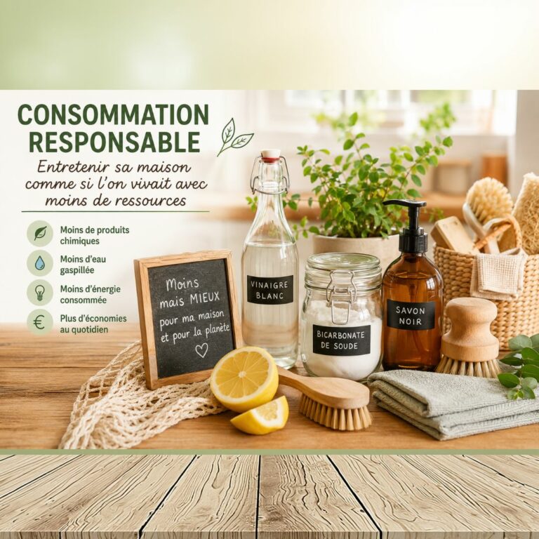 Produits ménagers écologiques et naturels sur une table en bois pour une consommation responsable : vinaigre blanc, bicarbonate de soude, savon noir, citron et brosses en bois.