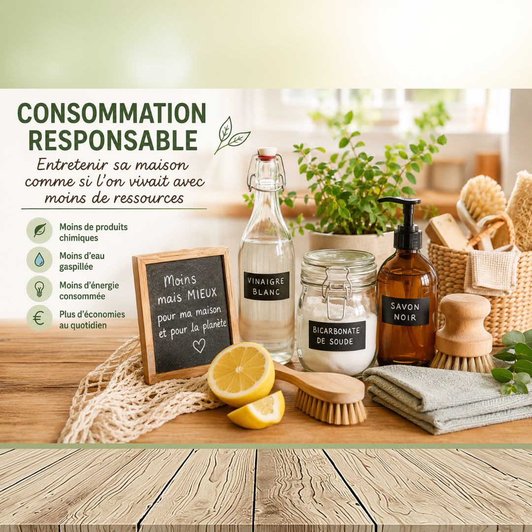 Produits ménagers écologiques et naturels sur une table en bois pour une consommation responsable : vinaigre blanc, bicarbonate de soude, savon noir, citron et brosses en bois.