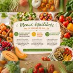 Visuel publicitaire présentant des formules de repas sains et gourmands élaborés par des diététiciennes pour la semaine du 29 juin au 5 juillet. L'image met en avant des produits frais, des plats estivaux colorés et des légumes de saison.