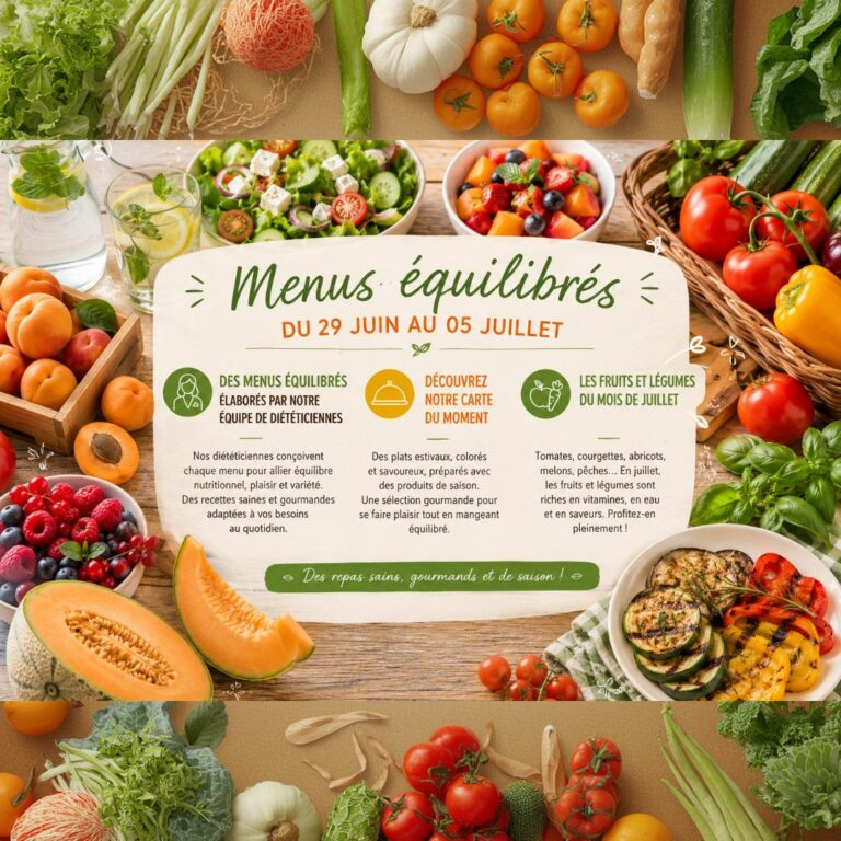 Visuel publicitaire présentant des formules de repas sains et gourmands élaborés par des diététiciennes pour la semaine du 29 juin au 5 juillet. L'image met en avant des produits frais, des plats estivaux colorés et des légumes de saison.