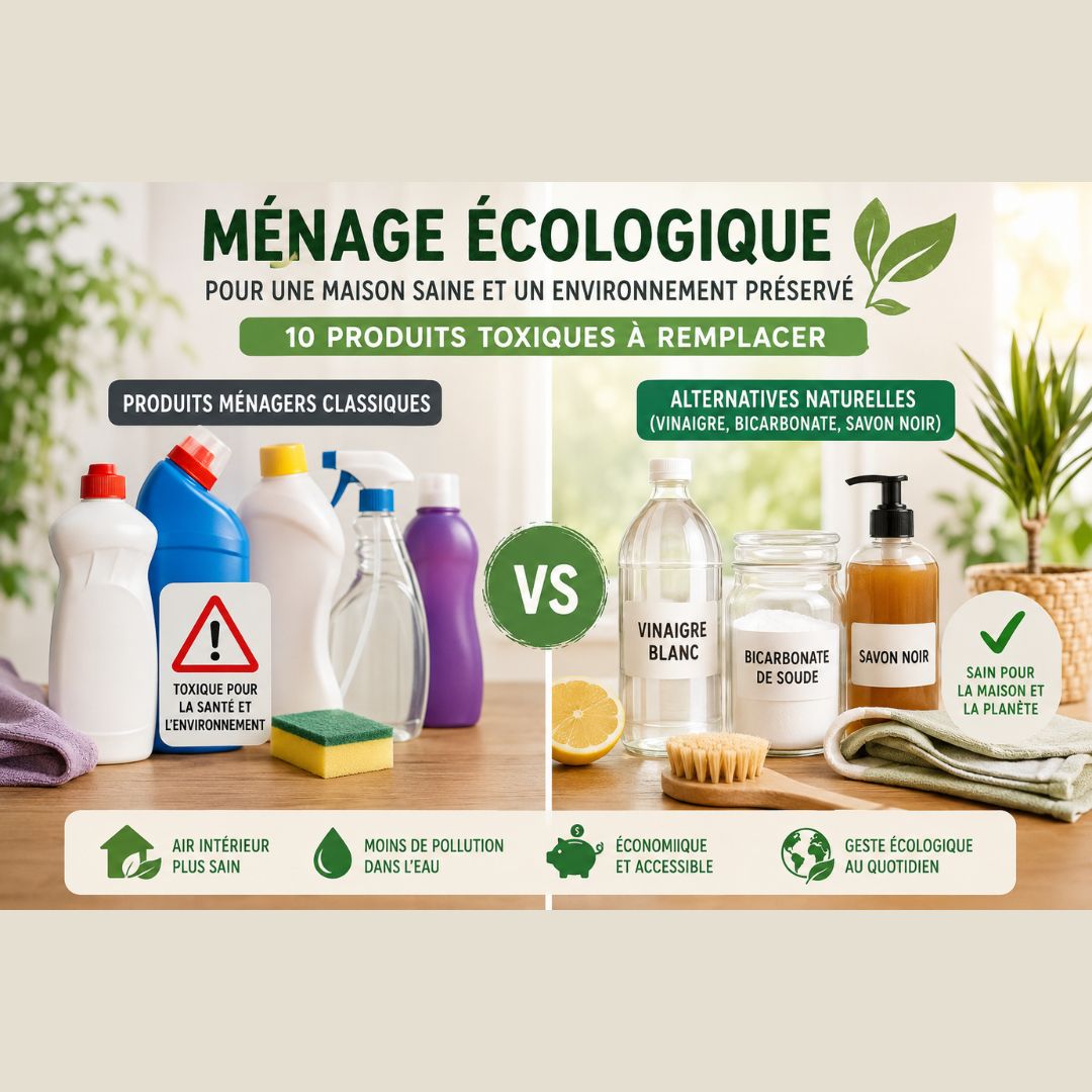 infographie éducative promouvant le ménage écologique pour une maison saine et un environnement préservé. Elle présente une comparaison visuelle entre des produits ménagers classiques, signalés comme toxiques pour la santé et l'environnement, et des alternatives naturelles telles que le vinaigre blanc, le bicarbonate de soude et le savon noir. Le bas de l'affiche souligne les bénéfices de cette transition, notamment un air intérieur plus sain, une réduction de la pollution de l'eau, un aspect économique et un geste écologique quotidien accessible à tous.