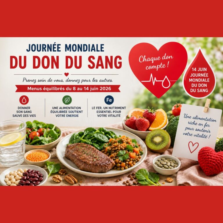 affiche de sensibilisation pour la Journée mondiale du don du sang, prévue le dimanche 14 juin. Elle fait habilement le lien entre la nutrition et l'engagement citoyen en mettant en avant l'importance du fer pour la vitalité des donneurs. L'image centrale montre une assiette équilibrée et colorée composée de viande, de lentilles, d'épinards et de fruits, illustrant concrètement ce qu'est une alimentation « riche en fer ». Des éléments graphiques forts, tels qu'un cœur rouge battant et une goutte de sang stylisée, viennent renforcer le message d'appel à la solidarité tout en s'intégrant dans la thématique culinaire de la semaine.