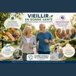 Infographie "Vieillir en bonne santé" pour la Journée Mondiale de la Population le 11 juillet, illustrant les piliers du bien-vieillir : nutrition équilibrée, activité physique, santé mentale et prévention médicale.