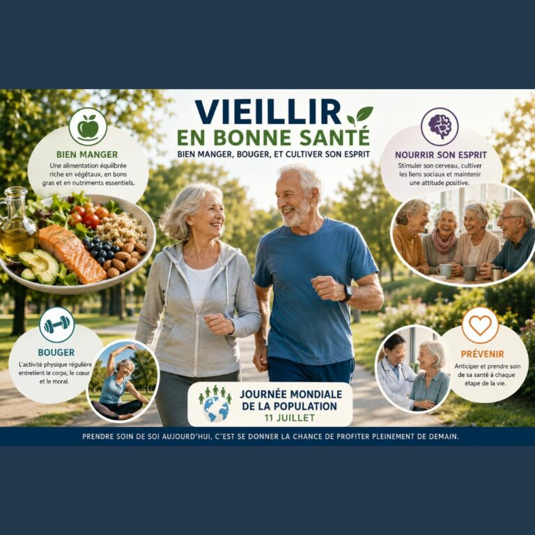 Infographie "Vieillir en bonne santé" pour la Journée Mondiale de la Population le 11 juillet, illustrant les piliers du bien-vieillir : nutrition équilibrée, activité physique, santé mentale et prévention médicale.