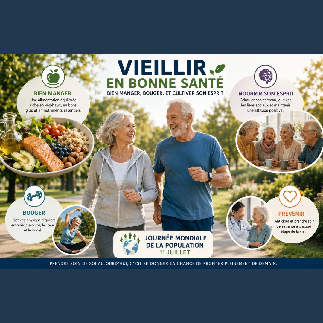 Infographie "Vieillir en bonne santé" pour la Journée Mondiale de la Population le 11 juillet, illustrant les piliers du bien-vieillir : nutrition équilibrée, activité physique, santé mentale et prévention médicale.