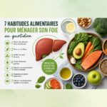 7 habitudes alimentaires pour prendre soin de son foie au quotidien. Le visuel montre une illustration centrale d'un foie humain entourée d'aliments sains et colorés : avocat, saumon, épinards, carottes, brocolis, tomates, bleuets, pomme verte, huile d'olive, graines et un verre d'eau citronnée.