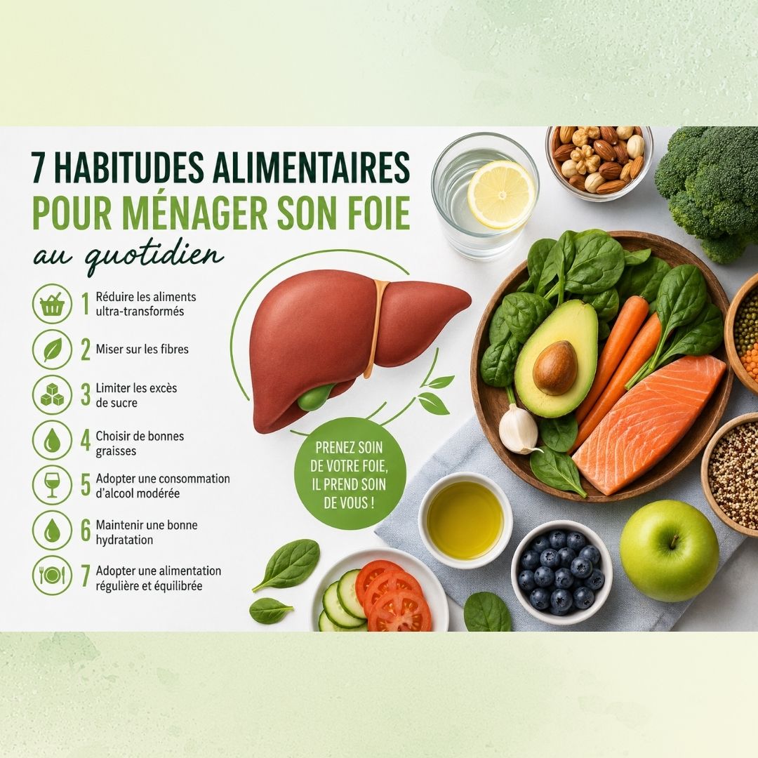 7 habitudes alimentaires pour prendre soin de son foie au quotidien. Le visuel montre une illustration centrale d'un foie humain entourée d'aliments sains et colorés : avocat, saumon, épinards, carottes, brocolis, tomates, bleuets, pomme verte, huile d'olive, graines et un verre d'eau citronnée.