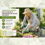 Une femme senior jardine à genoux dans son jardin avec une truelle, illustrant des conseils de sécurité pour le jardinage à domicile en Charente-Maritime par Les Menus Services.