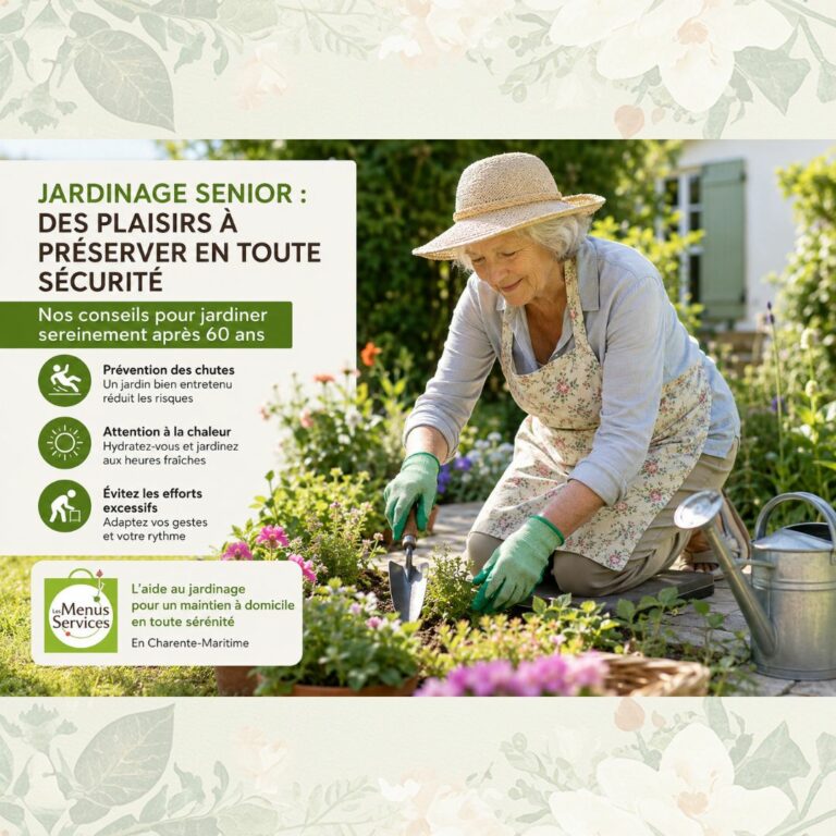 Une femme senior jardine à genoux dans son jardin avec une truelle, illustrant des conseils de sécurité pour le jardinage à domicile en Charente-Maritime par Les Menus Services.