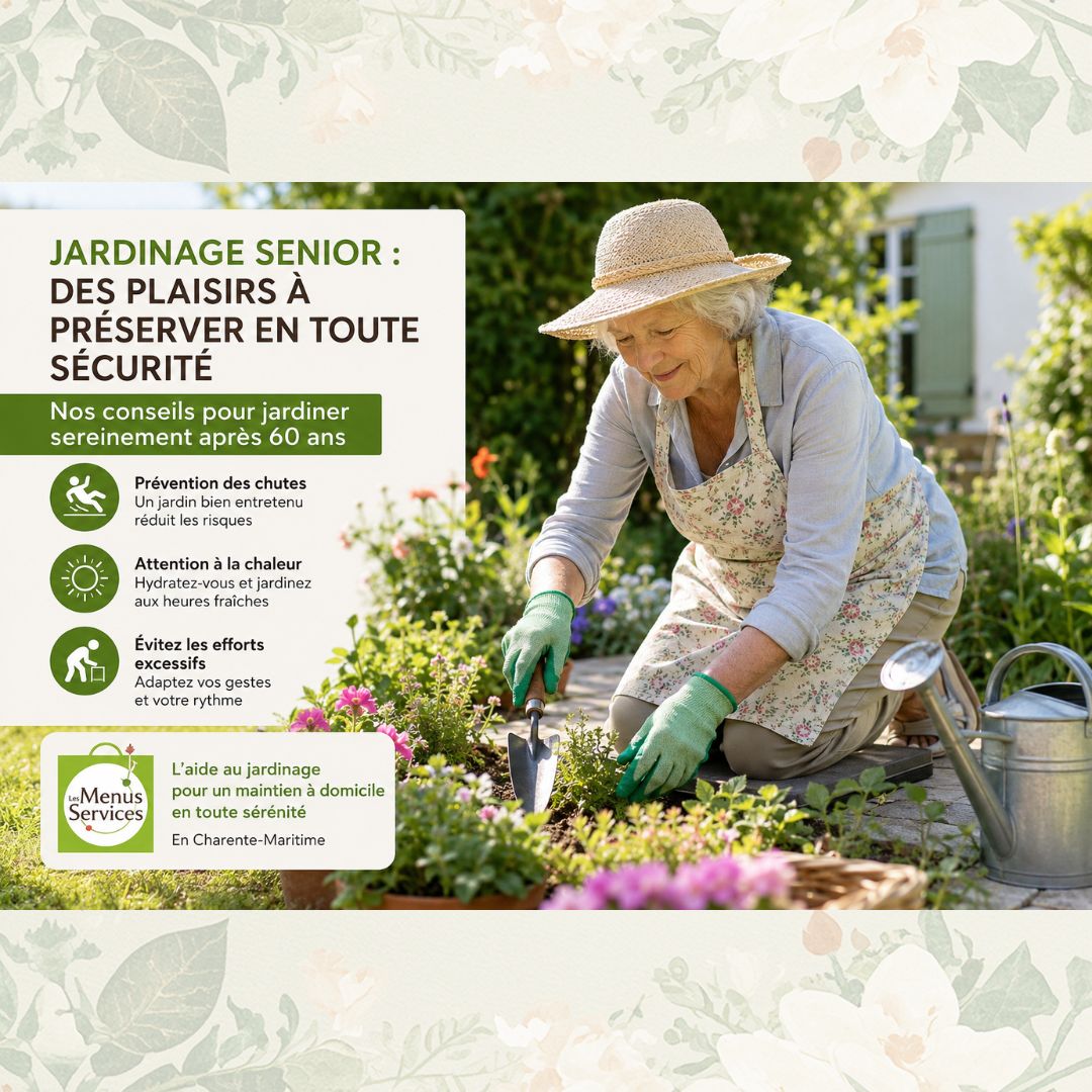 Une femme senior jardine à genoux dans son jardin avec une truelle, illustrant des conseils de sécurité pour le jardinage à domicile en Charente-Maritime par Les Menus Services.