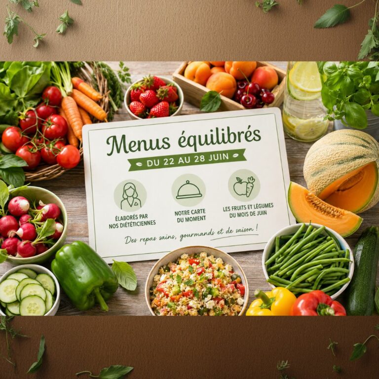 Image d'illustration sur les menus équilibrés de la semaine du 22 au 28 juin, entourée de fruits et légumes frais d'été (tomates, melons, abricots, poivrons). Mention « Élaborés par nos diététiciennes ».