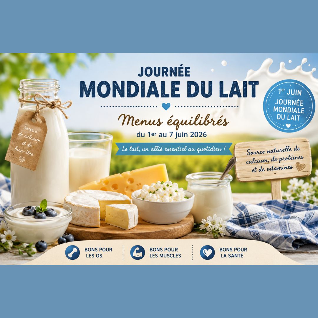 affiche promotionnelle célébrant la Journée Mondiale du Lait le 1er juin, illustrée par divers produits laitiers comme du fromage, du yaourt et du lait, tout en soulignant leurs bienfaits pour les os, les muscles et la santé globale.