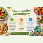 Une infographie estivale présentant des repas sains, gourmands et de saison élaborés par des diététiciennes, incluant une mention de la Journée Mondiale de la Population le 11 juillet.