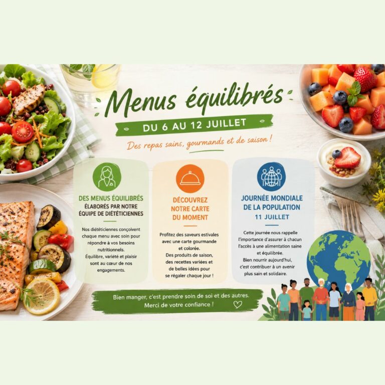 Une infographie estivale présentant des repas sains, gourmands et de saison élaborés par des diététiciennes, incluant une mention de la Journée Mondiale de la Population le 11 juillet.