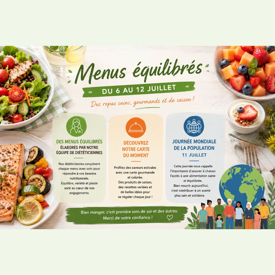 Une infographie estivale présentant des repas sains, gourmands et de saison élaborés par des diététiciennes, incluant une mention de la Journée Mondiale de la Population le 11 juillet.
