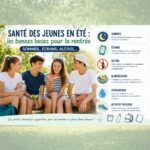 Infographie sur la santé des jeunes en été avec quatre adolescents assis en extérieur et des conseils illustrés sur le sommeil, les écrans, l'alcool, l'alimentation, l'hydratation et l'activité physique.