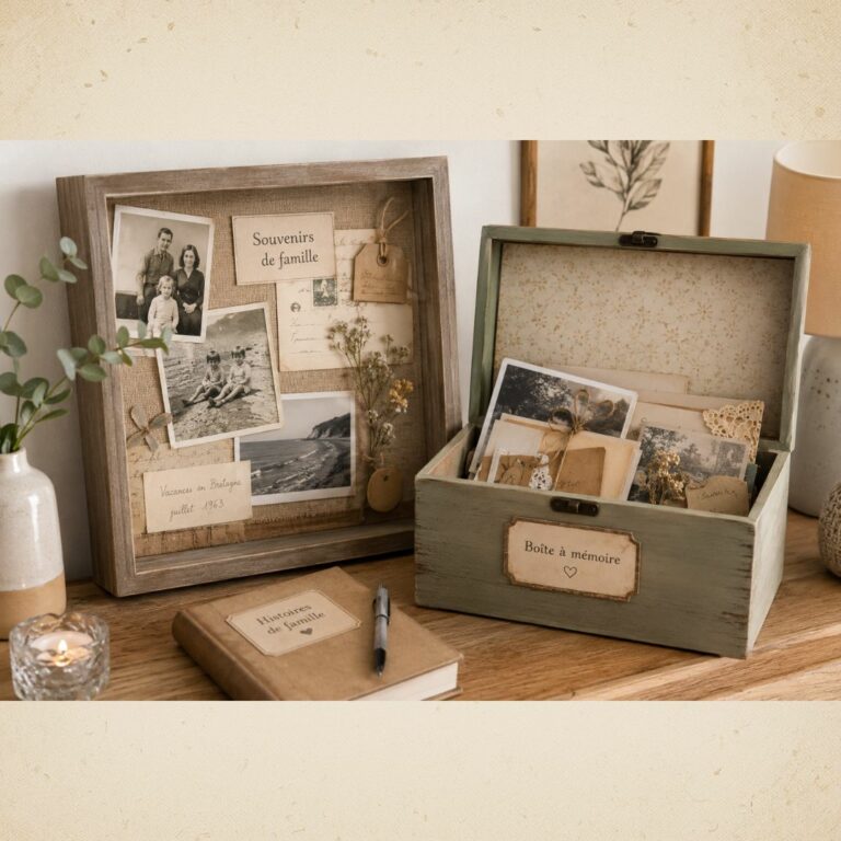 Boîte à mémoire en bois et cadre de souvenirs de famille vintage avec photos anciennes, lettres et carnet sur un meuble.