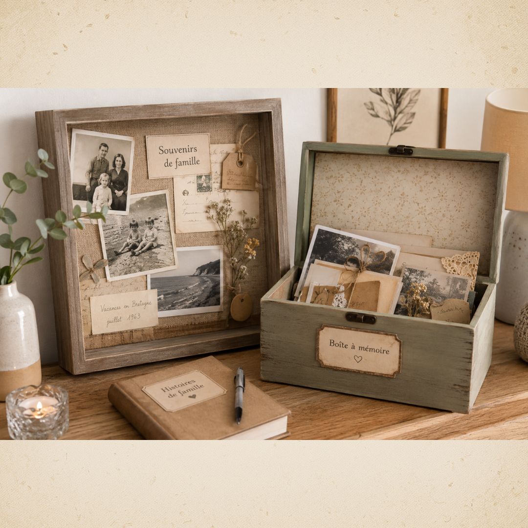 Boîte à mémoire en bois et cadre de souvenirs de famille vintage avec photos anciennes, lettres et carnet sur un meuble.