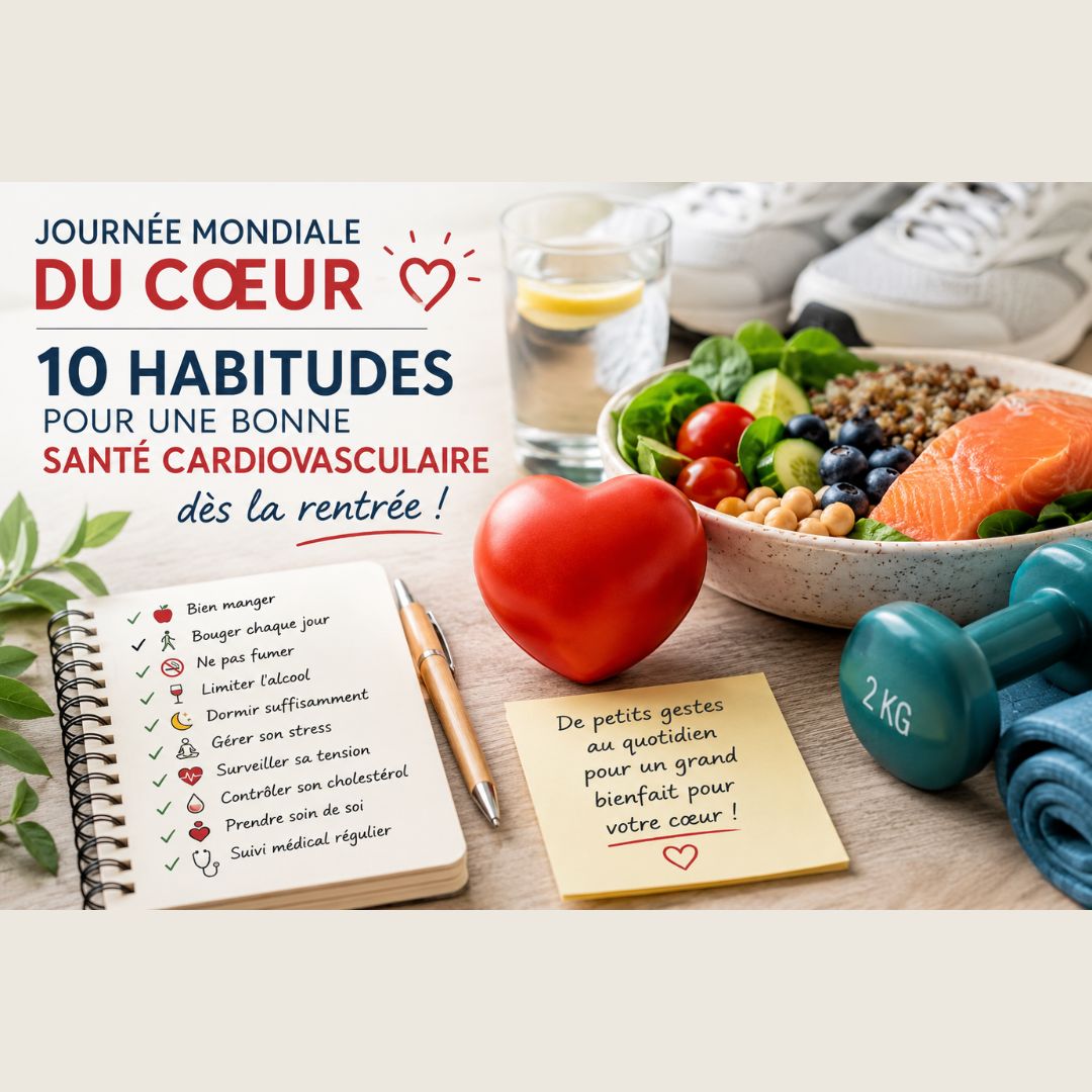 Visuel d'information pour la Journée mondiale du cœur détaillant 10 réflexes essentiels pour préserver sa santé cardiovasculaire : alimentation équilibrée, exercice physique, sommeil, gestion du stress et suivi médical.
