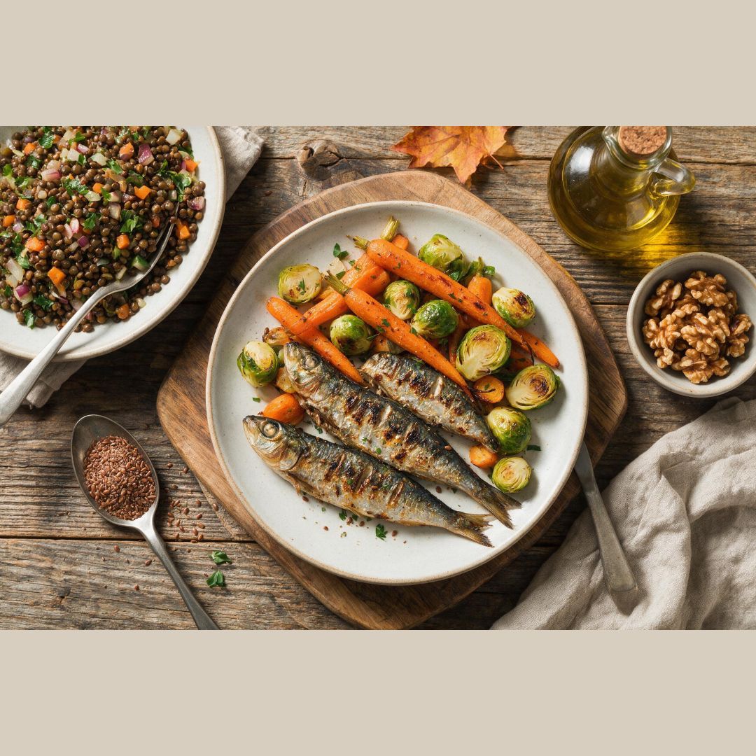 Assiette de sardines grillées avec choux de Bruxelles, carottes rôties, salade de lentilles et cerneaux de noix sur table en bois.