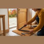 Installation d'un bas de porte brosse en bois pour isoler les courants d'air en automne.