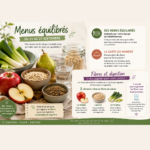 Infographie diététique sur les menus équilibrés et les aliments riches en fibres de saison pour la semaine du 21 au 27 septembre.