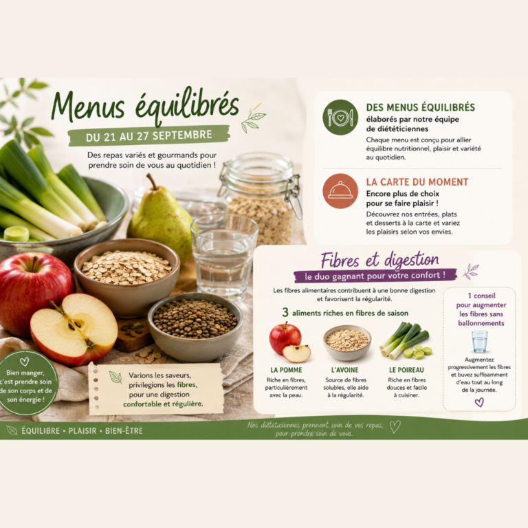 Infographie diététique sur les menus équilibrés et les aliments riches en fibres de saison pour la semaine du 21 au 27 septembre.
