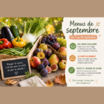 Une composition chaleureuse autour des fruits et légumes de saison de septembre, accompagnée d’un encart présentant les menus équilibrés, la carte du moment et les produits de saison.