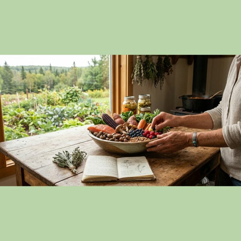 Ingrédients bruts et sains (saumon, légumes, baies, noix) dans un bol céramique sur une table de cuisine rustique en bois donnant sur un jardin verdoyant.