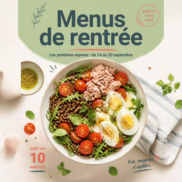 Idée de repas pour la rentrée (du 14 au 20 septembre) : une recette express de « protéines express » avec un bol composé de lentilles, thon, œufs durs et tomates cerises, prêt en seulement 10 minutes.