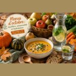 Soupe de potimarron d'automne, carafe d'eau au citron et panier de fruits pour illustrer des menus d'octobre équilibrés et de saison.
