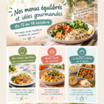 Affiche de menus équilibrés et conseils de batch cooking pour la semaine du 12 au 18 octobre.
